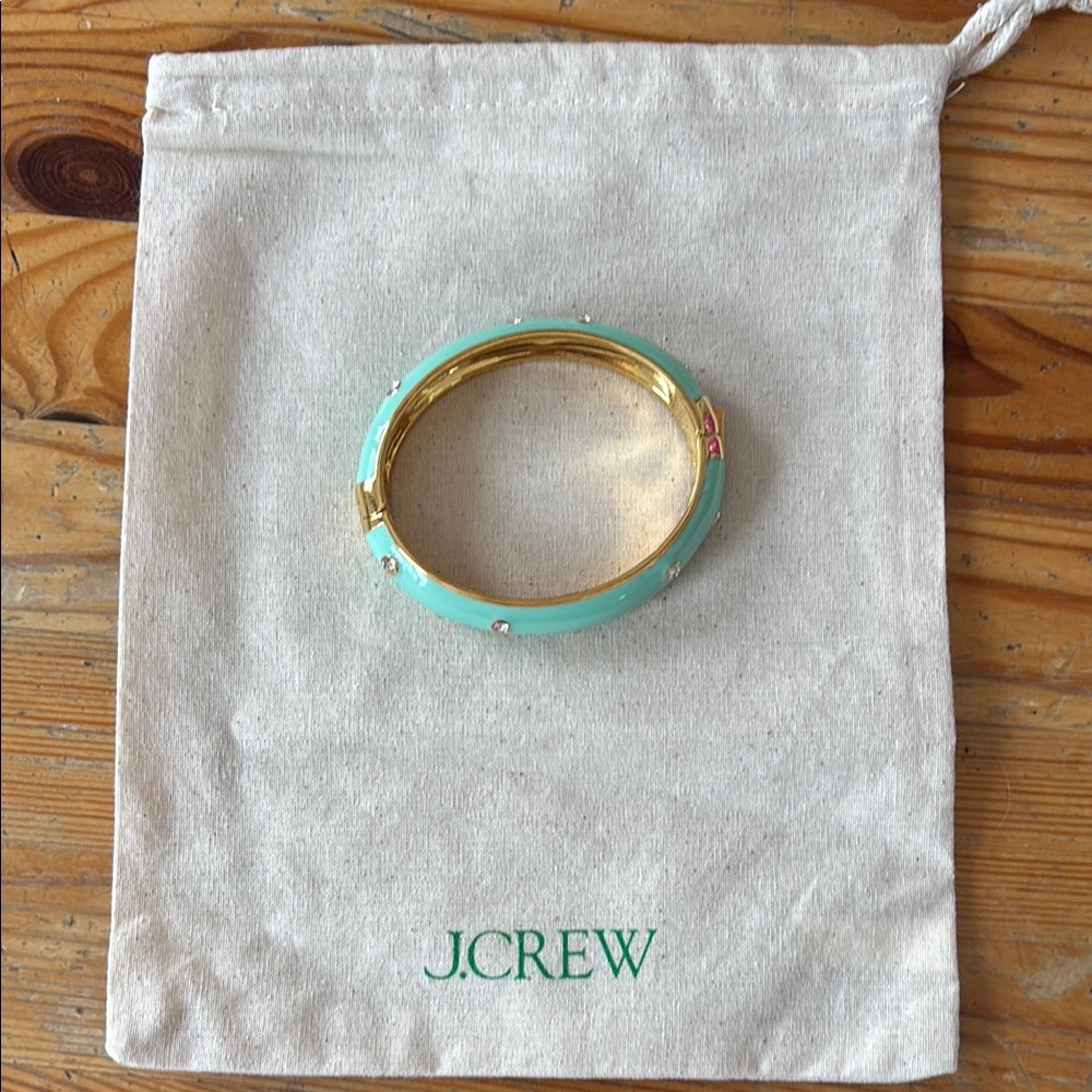 J. Crew Women's mint green with gold bezel CZ Bangle Bracelet. Clasp.